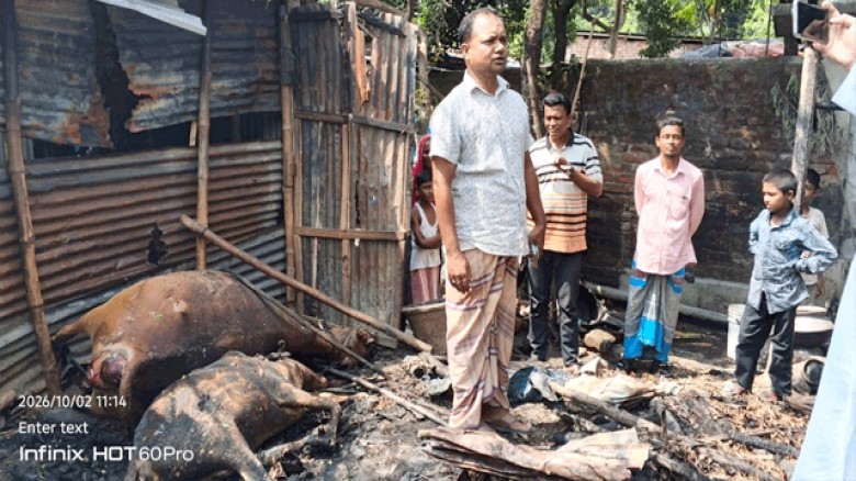 দিনাজপুরে বসতবাড়িতে অগ্নিকাণ্ড-গবাদি পশুসহ রিকশাচালকের সর্বস্ব পুড়ে ছাই।